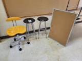 2 metla stools, yellow metal rolling chair,