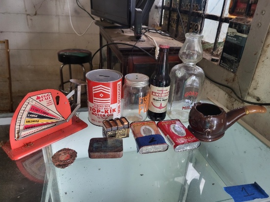 Vintage Oil Can, Goat Milk Bottle, Egg Scale,