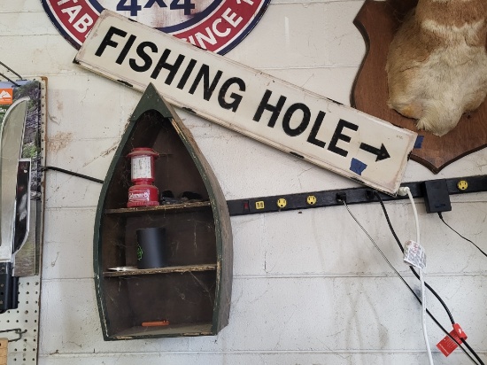 Metal Fishing Hole Sign , Wooden Boat Shelf