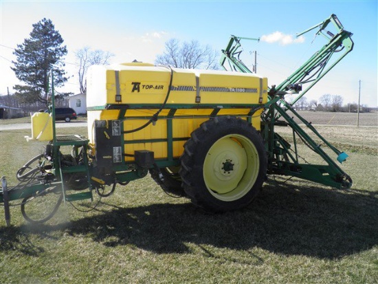 Top Air Model 1100 pull type sprayer, 60ft X-fold booms, 13.6-38 on 60in. c
