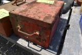 Red metal toolbox, 18 inches long, 11 inches  wide, 7-1/2 inches tall