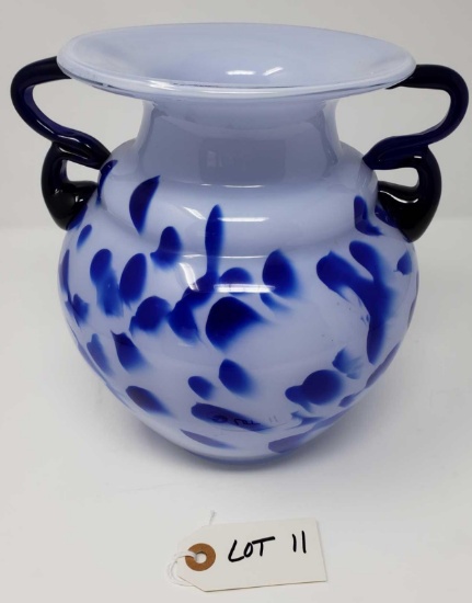 Cobalt Blue/White Artglass Double Handled Vase