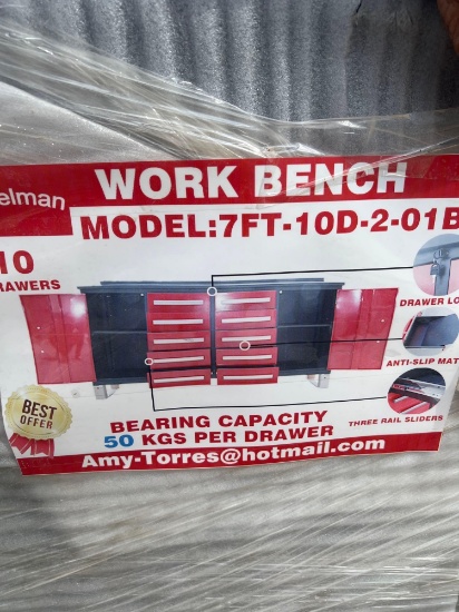 Unused 7' Red 10 Drawer Workbench