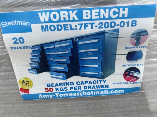 Unused 7' Blue 20 Drawer Workbench