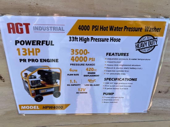Unused AGT 4000 PSI Hot Water Pressure Washer 13 HP Engine, 4 GPM