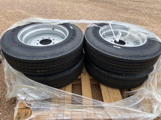 4 Unused Advance 215/75R/17.5 Trailer Tires on 8 Lug Solid Steel Wheels FOUR TIMES THE MONEY MUST