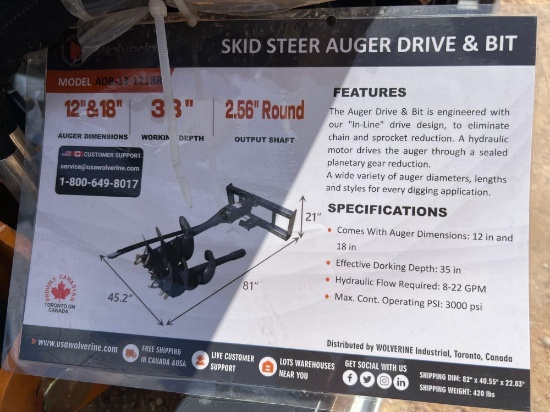 New Skid Steer Post Hole Digger with 12'' and 18'' Bits 2.56 Round Shaft SOLD ONE PER LOT