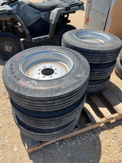 6 Used 215/75R 17.5 Trailer Tires on 8 Lug Silver Solid Steel Wheels Pulled Off Auction Trailer SOLD