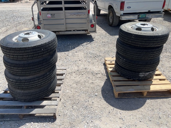 8 Used Trailer Tires on 8 Hole Steel Rims 235/80/R16 Duals One Tire is Bad SOLD AS ONE LOT