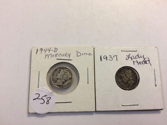 Lot of two Mercury dimes 1937 and 1944D