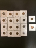 Lot of 16 Lincoln wheat pennies and 2 Lincoln Memorial pennies