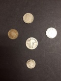Three v nickels one standing liberty quarter and one barber dime dates unrecognizable