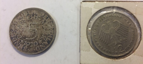 Lot of 2 German Deutschemark 1970 g 5 Deutschemark 1975 f 2 Deutschemark