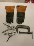 Welding gloves, C clamp, 2 vice grips