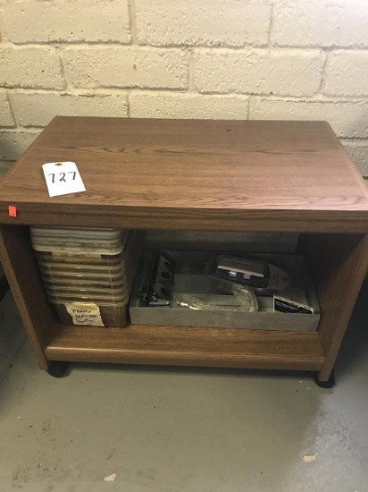 Stand on Wheels with Plastic Bins & Misc. Items