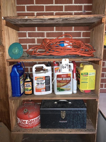 Contents of Shelves: Pesticide, Extension cord, Gas Can, Toolbox
