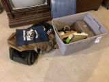 Tote of Misc. Tools, Hardware, Tackle Boxes, Paper Cutter, Bags & More