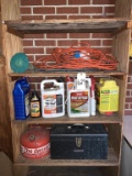 Contents of Shelves: Pesticide, Extension cord, Gas Can, Toolbox