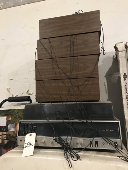 8 track and record player, speakers, assorted records