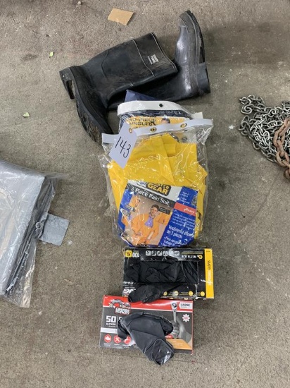 Rain gear, rain boots, nitrile gloves