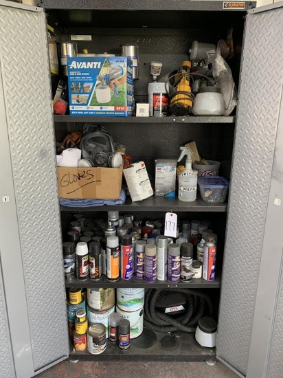 Contents of cabinet - paint sprayers, paint, protective gear