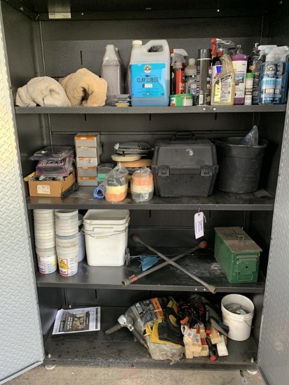 Contents of cabinet - car cleaning and waxing supplies, gloves, buckets, shims