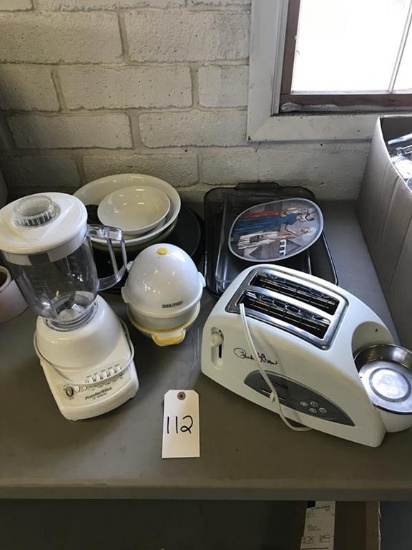 miscellaneous kitchen items (toaster, baking dishes, blender)