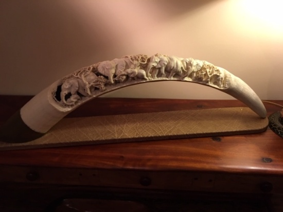 LG SINGLE ELEPHANT TUSK W/CARVED ELEPHANT HEAD -51" LONG WHICH INCLUDES 7" IN BRASS BASE(TXRESONLY)