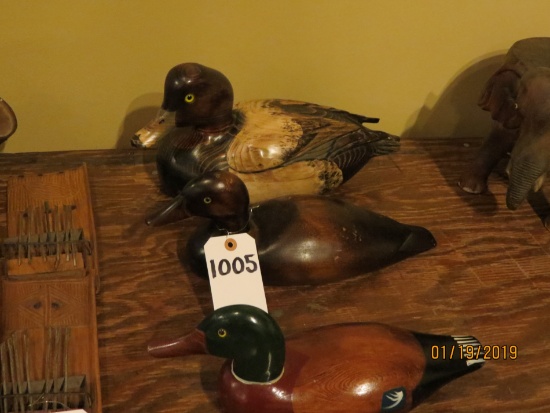 3 Wooden Duck Decoys, 1 Taber Redhead, 1 Brown, 1 Mallard  3x$