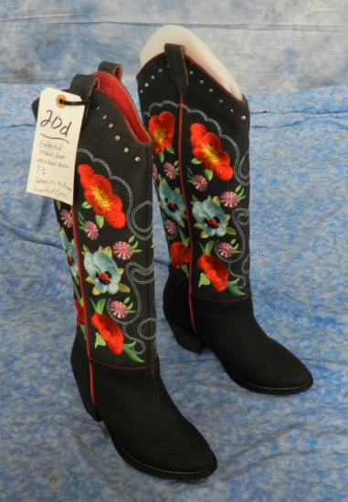 MULTI-COLOR FLORAL EMBROIDERED BLACK LEATHER WESTERN DRESS BOOTS, WOMEN'S US SIZE 7.5 (RUN SMALL), N