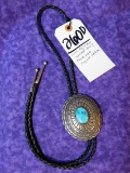 NATIVE AMERICAN MADE KINGMAN TURQUIOSE BOLO TIE BY LEONARD MALONEY, NAVAJO