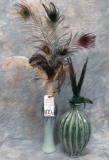 SET OF 2 TEAL COLORED VASES WITH FEATHERS