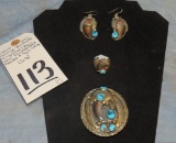 ELAINE SAM NAVAJO MADE TURQ/CORAL BEAR CLAW EARRINGS, BELT BUCKEL, &10.5 RINGS (3X$)
