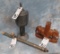 ELEPHANT WOODEN BOOKEND, ORNATE SMOKE PIPE, METAL RASE (3X$)