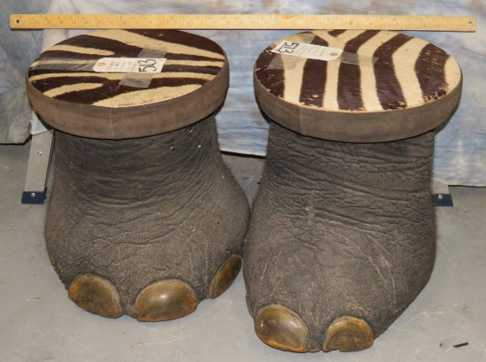 2 ELEPHANT FOOT STOOLS WITH ZEBRA HIDE (2X$) (US RES)