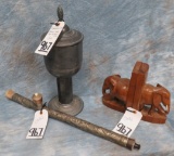 ELEPHANT WOODEN BOOKEND, ORNATE SMOKE PIPE, METAL RASE (3X$)
