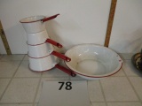 5 piece Red & White Grantieware Enamel set
