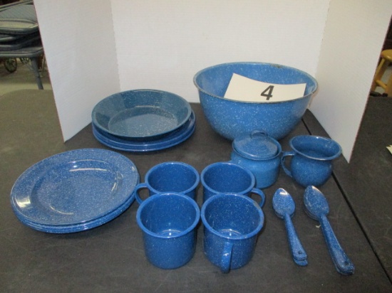 large selection of blue granite ware