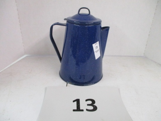 blue and white speckled enamel coffee pot