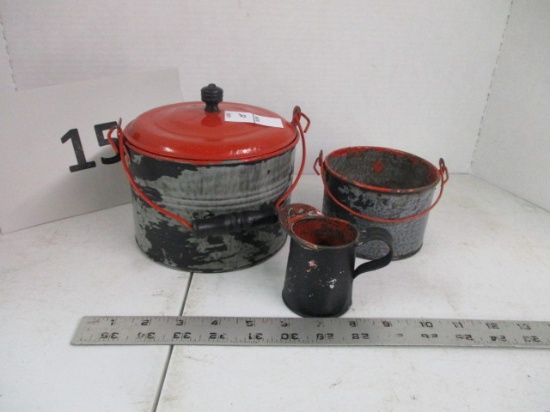 two painted berry buckets and small pitcher