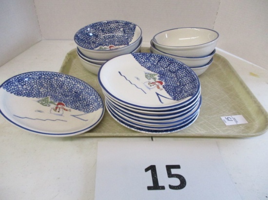 14 piece snowman plates & bowls