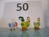 Lot of 3 art glass chickens