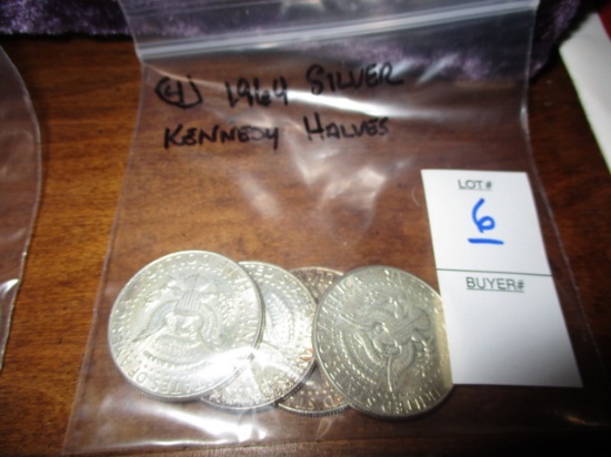 Lot of 4 1964 Kennedy Half Dollard 90% silver
