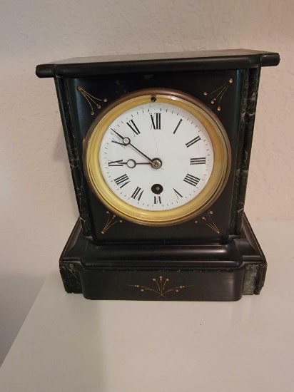FRENCH SLATE AND GREEN MARBLE CASED MANTEL CLOCK