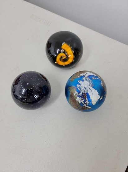 3 GLASS PAPERWEIGHTS SIGNED