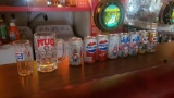 8 VINTAGE SODA CANS AND 2 GLASSES