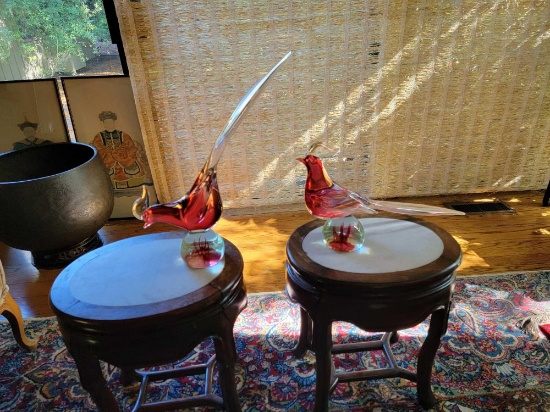 PAIR OF GLASS RED AND CLEAR PHEASANTS