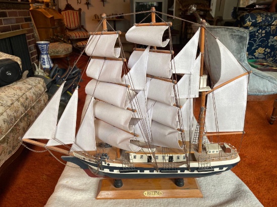 VINTAGE HANDMADE WOODEN BELEM SAILING SHIP MODEL ON STAND