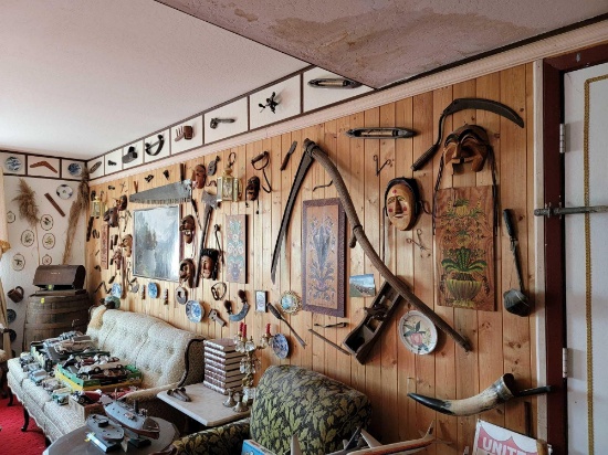 ALL VINTAGE TOOLS AND MASKS ON WALL