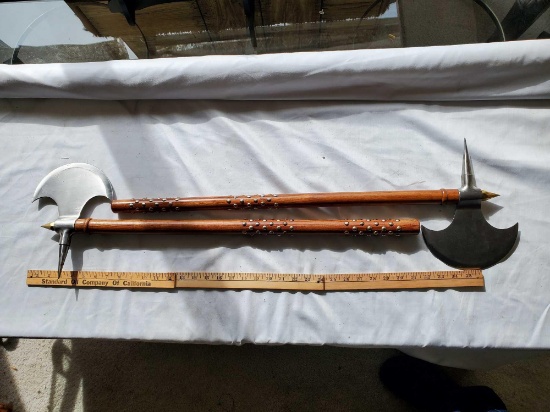 TWO MEDIEVAL SPIKED BATTLE AXES WITH STUDDED HANDLES